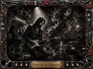 A lone guitarist plays beneath a stark spotlight in a smoky roadside roadhouse merging into a moonlit highway. Deep charcoal blacks and silvery grays create a gritty, seductive noir mood, while ghostly female forms rise through swirling haze. An ornate chrome-and-gold music-themed frame with red lips and engraved title plate completes the dramatic composition.