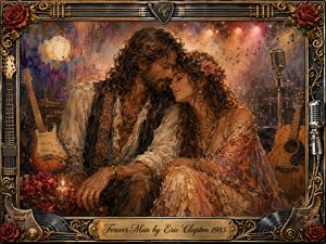 A romantic couple leans tenderly together amid guitars, vintage microphones, roses, and glowing stage lights. Warm amber, bronze, crimson, and smoky violet tones create an intimate, nostalgic mood. Richly textured oil-paint styling softens the concert setting, while an ornate gold-and-black musical frame and engraved title plate complete the composition.