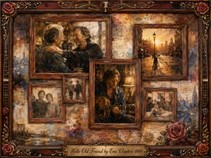 A nostalgic collage of old friends and musical memories fills weathered rosewood frames, centered on a reflective guitarist and a joyful reunion. Warm amber, bronze, faded blue, and sepia tones glow beneath soft evening light. Layered oil, acrylic, and watercolor textures, roses, guitar details, and gold ornamentation evoke tenderness, friendship, and passing time.
