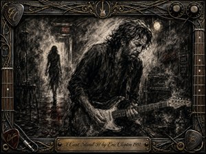 A brooding charcoal guitarist bends over his electric guitar in a smoky backstage club while a shadowy woman disappears toward a distant exit. Deep blacks, ash gray, muted crimson, and warm metallic highlights intensify the heartbreak. Feathered strokes, dramatic lighting, amplifiers, cables, and an ornate guitar-hardware frame create raw emotional tension.