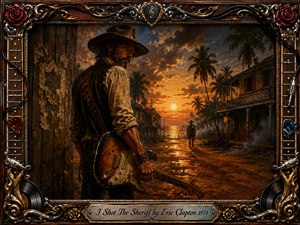 A rugged guitarist stands in a weathered tropical town at fiery sunset, facing a distant lawman along a glowing muddy street. Deep amber, rust, black, and gold tones create a tense, defiant mood. Painterly textures, palm silhouettes, smoky shadows, ornate guitar-themed framing, vinyl records, and an engraved title plate complete the dramatic composition.