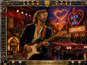 A soulful guitarist commands a neon-lit nighttime street, surrounded by a vintage jukebox, roaring crowd, classic convertible, glowing marquee, and fiery heart-shaped sky. Rich reds, golds, blues, and amber highlights create electric warmth. Textured oil-paint styling, dramatic stage lighting, chrome details, and ornate musical framing celebrate enduring rock-and-roll passion.