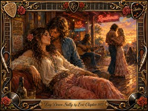 A warmly textured romantic roadhouse scene shows a relaxed couple sharing an intimate moment while musicians and dancers gather beneath a glowing sunset. Rich amber, crimson, denim blue, and rose tones create nostalgic warmth. Painterly oil-and-acrylic textures, neon signs, guitars, roses, records, and ornate gold detailing frame the affectionate composition.