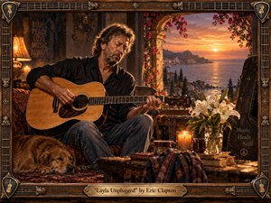 A weathered guitarist plays acoustic guitar in a warmly lit seaside room overlooking a glowing sunset coast. Amber candles, rich wood, patterned textiles, lilies, and a resting dog create an intimate, reflective mood. Cinematic realism, golden highlights, deep shadows, and an ornate guitar-themed frame reinforce the songs nostalgic, soulful atmosphere.