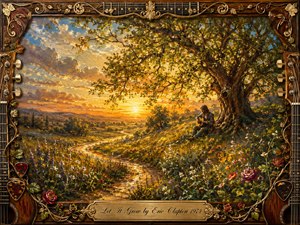 A solitary guitarist rests beneath a flourishing tree overlooking a golden countryside at sunset. A winding stream leads through vibrant wildflowers toward distant hills, creating a peaceful sense of renewal. Rich greens, amber light, and soft blues glow in textured oil-paint brushwork, framed by ornate guitar-inspired wood, gold, roses, and strings.