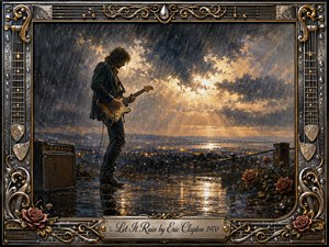 A lone guitarist plays beneath sweeping rain clouds on a reflective hillside overlooking distant city lights. Golden sunlight breaks dramatically through the storm, contrasting deep blue-gray skies with warm amber highlights. Rich oil-painted textures create a soulful, contemplative mood, while ornate chrome, gold, guitar-string, rose, and fretboard details frame the scene.