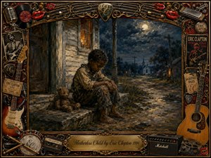 A lonely young boy sits barefoot beside a worn teddy bear on a weathered porch beneath a moonlit, stormy sky. Warm window light contrasts with deep blues, browns, and golds. Rich oil-paint textures heighten the sorrowful mood, while an ornate music-themed frame of guitars, records, microphones, and memorabilia surrounds the scene.