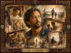 A contemplative man gazes toward warm light, surrounded by faded framed memories of childhood, fatherhood, music, and solitary reflection. Sepia browns, muted golds, cream, and soft blue-gray create a tender, nostalgic mood. Painterly textures blend oil and watercolor effects, while ornate guitar-string framing and a brass title plate complete the composition.