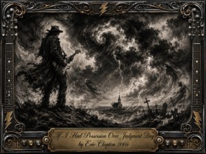 A lone guitarist stands on a windswept rise beneath a violent, swirling storm, facing a distant church and crooked grave markers. Deep charcoal blacks, smoky grays, and lightning-bright highlights create a foreboding blues atmosphere. An ornate black-metal frame with gold inlay, guitar strings, fretwork, and amplifier details surrounds the dramatic composition.