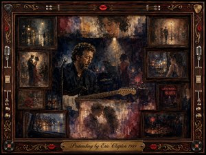 A brooding guitarist performs in a dim, rain-soaked late-night setting, surrounded by framed memories of romance, solitude, and fading affection. Deep blues, burgundy, amber, and sepia tones glow beneath soft lamps and streetlights. Painterly textures, vintage rosewood frames, guitar strings, red lips, and ornate gold details create nostalgic melancholy.