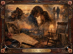 A nostalgic romantic collage portrays a tender couple surrounded by fading memories of music, companionship, and separation. Warm amber, rosewood, bronze, and muted blue tones glow beneath soft sunset lighting. Layered oil-and-watercolor textures blend photographs, handwritten letters, vinyl records, roses, and an empty rocking chair within an ornate musical frame.