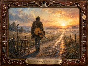 A lone guitarist walks down a quiet country road toward a glowing sunrise, carrying an acoustic guitar beneath a weathered coat. Warm gold, amber, and muted blue tones create a reflective, hopeful mood. Painterly textures, misty fields, a microphone, stool, and ornate guitar-themed wooden frame evoke intimate unplugged performance and spiritual perseverance.
