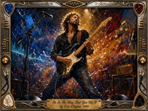 A passionate guitarist commands a glowing concert stage, surrounded by swirling blue, red, amber, and gold energy. Dramatic spotlights illuminate his expressive pose while musical notes and sound waves sweep through the composition. Rich painterly textures, amplifiers, microphone details, and an ornate chrome-and-gold musical frame create a powerful rock atmosphere.