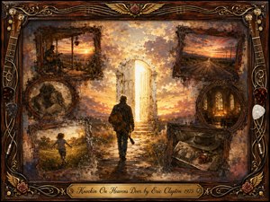 A solitary guitarist walks toward a radiant doorway beneath a glowing sunset, surrounded by faded memories of love, childhood, travel, music, and faith. Warm gold, amber, sepia, and muted blue tones create a tender, reflective mood. Painterly textures, vintage rosewood frames, roses, wings, guitar strings, and ornate gold detailing enrich the nostalgic composition.