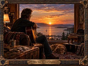 A solitary guitarist sits in a warmly furnished room, gazing across a tranquil bay toward a glowing sunset. Amber light, deep browns, and soft blue shadows create a nostalgic, reflective mood. Photographs, records, a sleeping dog, and worn furnishings enrich the cinematic realism, framed by ornate guitar-inspired metalwork and a brass title plate.