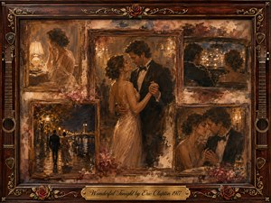 A tender couple shares a slow dance within a nostalgic collage of framed evening memories, including dressing, driving, strolling, and intimate conversation. Warm amber, rose, cream, and brown tones glow beneath soft lamplight. Painterly oil, acrylic, and watercolor textures blend with ornate rosewood, gold filigree, roses, guitars, and an engraved title plate.