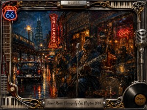 A rain-soaked Chicago blues scene glows beneath red neon, amber streetlights, and deep midnight blues. Musicians perform passionately outside a lively club, framed by guitar strings, piano keys, chrome ornament, microphones, and vinyl records. Thick impressionistic brushwork, reflective pavement, vintage cars, and warm interior light create a soulful, nostalgic atmosphere.