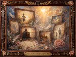 A tender collage of fading memories unfolds within ornate rosewood frames, showing a child, grieving figures, roses, feathers, and a glowing stairway ascending into radiant clouds. Warm amber, muted blue, and dusty rose tones blend through painterly textures, while guitar details, golden wings, and soft heavenly light deepen the reflective, bittersweet atmosphere.