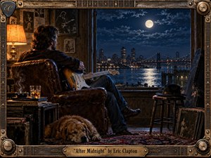 A moody nighttime studio scene captures a guitarist seated in a worn leather chair, overlooking a moonlit river and glowing city skyline. Warm amber lamplight contrasts with deep blue nocturnal tones, creating an intimate, reflective atmosphere. Rich textures, vintage instruments, records, smoke, a sleeping dog, and an ornate guitar-inspired frame give the artwork handcrafted, cinematic character.