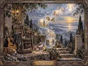 A weathered stone terrace overlooks a luminous valley at sunset, where glowing memory bubbles rise in a gentle S-curve toward the clouds. An empty chair, acoustic guitar, sleeping dog, flowers, and drifting feathers create a tender, reflective mood. Warm golds and cool blues enrich the detailed, painterly realism.