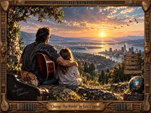 A warmly lit, painterly scene shows a father and child seated on a rocky overlook above a sprawling river city at sunset. A glowing acoustic guitar, resting dog, distant mountains, birds, and hopeful signpost create a reflective mood. Rich golds, blues, and earthy browns enhance the handcrafted, cinematic composition and ornate musical frame.
