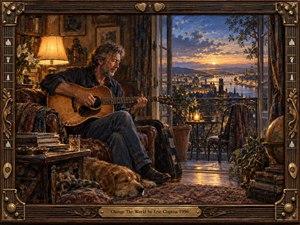 A weathered guitarist sits in a warmly lit room overlooking a glowing riverside city at sunset, his sleeping dog nearby. Rich amber, blue, and copper tones create a reflective, intimate mood. Painterly textures, worn leather, books, ornate furnishings, and a guitar-inspired carved frame give the scene handcrafted depth and nostalgic elegance.