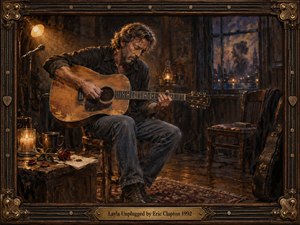 A solitary guitarist sits in a dim, weathered room, absorbed in an intimate acoustic performance. Warm amber lamplight contrasts with cool blue rain beyond the window, creating a reflective, bittersweet mood. Rich wood textures, worn furniture, scattered keepsakes, deep shadows, and painterly detail give the scene a handcrafted, nostalgic character.