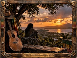 A solitary dreadlocked figure overlooks a coastal town glowing beneath a dramatic golden sunset, creating a reflective mood of tension, freedom, and consequence. A weathered acoustic guitar, woven hat, tropical foliage, and reggae-toned fabrics frame the scene. Rich amber light, deep shadows, carved wood, brass, and handcrafted textures give the artwork cinematic warmth.