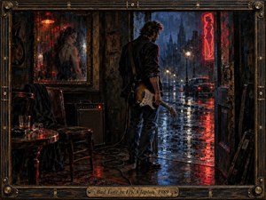A solitary guitarist stands in a dim doorway, gazing into a rain-slicked night street glowing with red neon and cold blue reflections. Inside, a shadowy room holds a mirror with a womans ghostlike reflection, a chair, table, and amplifier. The richly textured painting feels moody, intimate, and steeped in heartbreak.