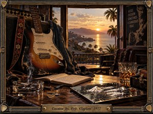 A weathered electric guitar rests beside a cluttered wooden table overlooking a glowing coastal sunset. Smoky amber light, deep browns, black metal, and golden reflections create a seductive yet uneasy 1970s atmosphere. Cigarettes, whiskey, notebooks, guitar picks, and stark white powder add tension within the richly detailed, cinematic realism.
