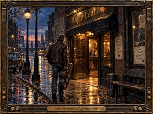 A lone musician carrying a worn guitar case walks along a rain-soaked city street toward a warmly glowing blues club. Cool twilight blues contrast with amber doorway light, reflected in puddles and wet pavement. Rich painterly textures, autumn leaves, vintage signage, brickwork, and an ornate guitar-themed frame create a nostalgic, reflective mood.