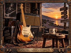 A weathered sunburst electric guitar rests beside a vintage amplifier and road cases in a rustic music room overlooking a glowing coastal highway. Warm amber sunset light contrasts with deep wood tones and aged metal. Rich photographic detail, worn textures, scattered gear, and the guitar-string frame create nostalgic rock-and-roll warmth.