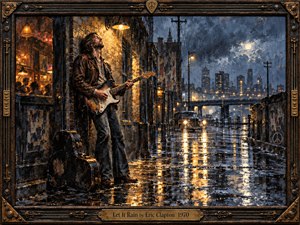 A solitary guitarist stands beneath warm lamplight on a rain-soaked city street, absorbed in the storm as reflections shimmer across wet pavement. Deep blues, charcoal grays, and golden amber create a soulful, cathartic mood. Painterly textures, distant headlights, misty architecture, and an ornate vintage frame evoke 1970s blues-rock atmosphere.