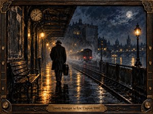 A solitary traveler walks a rain-soaked railway platform beneath a moonlit night, carrying a guitar case toward a misty departing train. Warm amber lamps glow against deep blue-black shadows, reflecting across wet pavement. Textured oil-and-charcoal styling, an empty bench, distant city lights, and ornate bronze framing deepen the melancholy atmosphere.