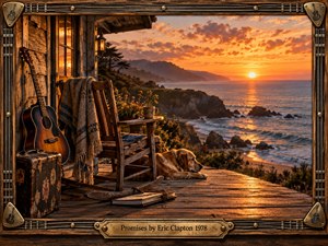 A weathered seaside porch glows in amber sunset light, overlooking rocky cliffs and a calm ocean. An acoustic guitar, rocking chair, blanket, journal, lantern, and resting dog create a reflective, nostalgic mood. Rich wood textures, warm golds, deep browns, and a handcrafted guitar-string frame give the scene cinematic realism and quiet intimacy.