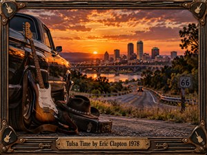 A vintage roadside scene overlooks Tulsa at glowing sunset, with a black classic car, electric guitar, worn case, and cowboy hat resting beside a winding highway. Warm amber light reflects across metal and river water, while dramatic clouds, distant towers, Route 66 signage, and an ornate guitar-themed frame create nostalgic Americana atmosphere.