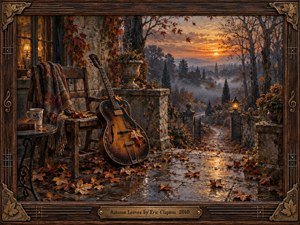 A weathered guitar rests beside an empty wooden chair on a rain-darkened stone terrace, surrounded by drifting autumn leaves. Warm amber sunset light glows across a misty valley and distant village, contrasting with cool gray shadows. Rich oil-paint textures, carved wood framing, bronze details, and lantern light create a nostalgic, reflective mood.