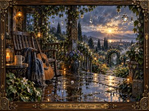 A rain-washed garden terrace glows at twilight, where an acoustic guitar rests beside a weathered wooden chair beneath flowering vines and crystal droplets. Cool blue-gray clouds contrast with warm amber lanterns and sunset light, reflected across wet stone. Ornate carved framing, lush foliage, and painterly textures create a wistful, luminous atmosphere.