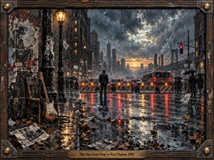 A solitary figure stands in a rain-soaked city street facing stalled traffic and glowing barricades, while a weathered guitar rests beside a wooden chair. Storm clouds, wet reflections, torn posters, drifting papers, and amber streetlights create a tense, defiant mood. Rich impasto textures and muted blues, rusts, and golds intensify the scene.