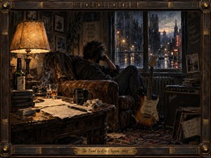 A weary musician slumps in a worn armchair beside a rain-streaked window, surrounded by a guitar, amplifier, scattered pages, whiskey, and fading lamplight. Deep blues, charcoal browns, and amber highlights create a somber late-night mood. Painterly oil and charcoal textures, reflective streets, and an ornate music-themed frame deepen the sense of exhaustion.
