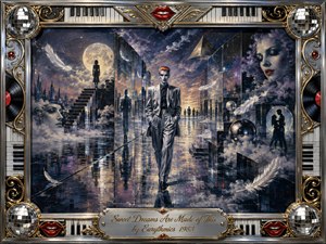 A solitary silver-suited figure walks through a surreal moonlit dreamscape of mirrored architecture, mist, floating feathers, distant silhouettes, and fragmented faces. Cool blues, silvers, violet clouds, and warm gold highlights create a mysterious, hypnotic mood. Ornate chrome, piano keys, vinyl records, disco balls, and red lips frame the cinematic painted composition.
