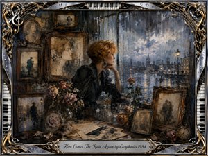 A solitary woman in black gazes through a rain-streaked window toward a glowing city, surrounded by faded portraits, roses, photographs, and handwritten memories. Sepia browns, stormy blues, silver reflections, and warm lamplight create melancholy nostalgia. Painterly textures blend oil and watercolor effects within an ornate chrome-and-gold musical frame.