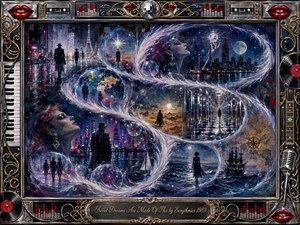 A surreal acrylic dreamscape unfolds through luminous feathered bubbles sweeping in an S-curve across neon cities, moonlit seas, mirrored halls, and distant deserts. Midnight blues, violet, silver, crimson, and gold create a hypnotic mood, while mysterious figures wander beneath glowing skies, enclosed by an ornate music-inspired chrome frame.
