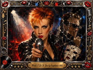 A fierce red-haired singer grips a vintage microphone beneath dramatic stage lights, confronting the viewer with unwavering intensity. Shattered mirrors reveal a shadowy man and broken theatrical mask, suggesting deception and mistrust. Bold reds, blacks, blues, chrome, and gold define the textured oil-painting style, surrounded by an ornate music-themed frame.