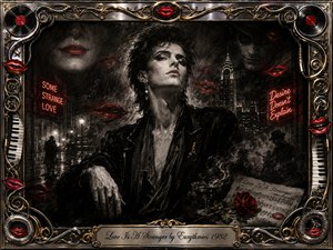 An androgynous figure emerges from a rain-darkened city in a seductive charcoal noir scene, surrounded by drifting red lips, glowing neon, smoke, roses, and sheet music. Deep blacks, silvery grays, crimson accents, and gold highlights create dramatic contrast, while an ornate chrome-and-gold musical frame intensifies the mysterious, glamorous mood.