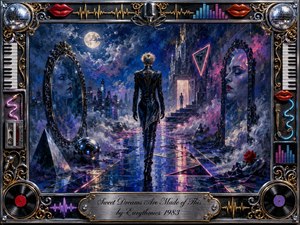 A solitary figure in glossy black walks through a surreal moonlit city of mirrors, neon triangles, mist, and reflective streets. Deep blues, violets, pinks, and metallic gold create a mysterious dreamlike mood. Expressive oil-paint textures blend with synthwave imagery, framed by records, keyboards, microphones, red lips, disco balls, and ornate chrome-gold details.