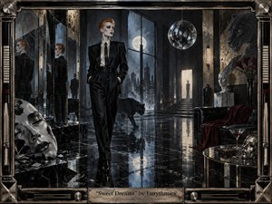 An androgynous figure in a sharp black suit strides through a moonlit, mirrored interior of glossy marble and chrome. Icy blues, blacks, silver, and deep crimson create a seductive, uneasy mood. Dramatic reflections, fractured masks, prowling panthers, sculptural details, and theatrical lighting give the handcrafted scene a surreal 1980s noir elegance.