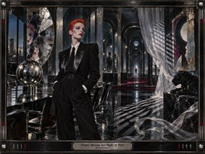A poised red-haired figure in a sharp black suit stands within a surreal mirrored interior of glossy floors, fractured reflections, arches, and metallic surfaces. Cool teal, silver, black, and crimson tones create an elegant, unsettling mood, enhanced by dramatic directional light, flowing translucent fabric, a reflective orb, and sleek 1980s-inspired mixed-media styling.