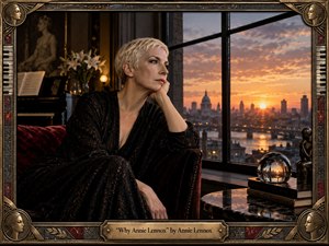 A contemplative platinum-haired woman sits in an elegant dark interior beside a grand window, gazing over a glowing city at sunset. Warm amber light contrasts with black velvet, polished marble, deep red upholstery, and bronze accents. An ornate Art Deco frame surrounds the scene, with piano details, lilies, a reflective glass sphere, and engraved title plate enriching its introspective mood.