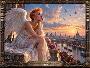 A copper-haired angel in a flowing white gown sits above a glowing riverside city at sunset, gazing dreamily into the distance. Warm gold, peach, blue, and ivory tones create a romantic, ethereal mood. Detailed wings, shimmering water, cathedral domes, birds, a red heart, and an ornate musical frame enrich the cinematic fantasy composition.